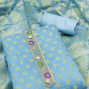 Blue Woven Banarasi Silk Dress Material