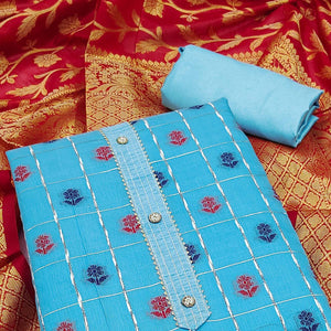 Blue Woven Banarasi Silk Dress Material