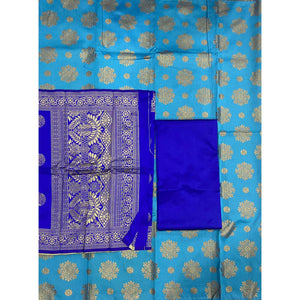 Blue Woven Banarasi Silk Dress Material