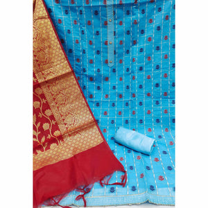 Blue Woven Banarasi Silk Dress Material