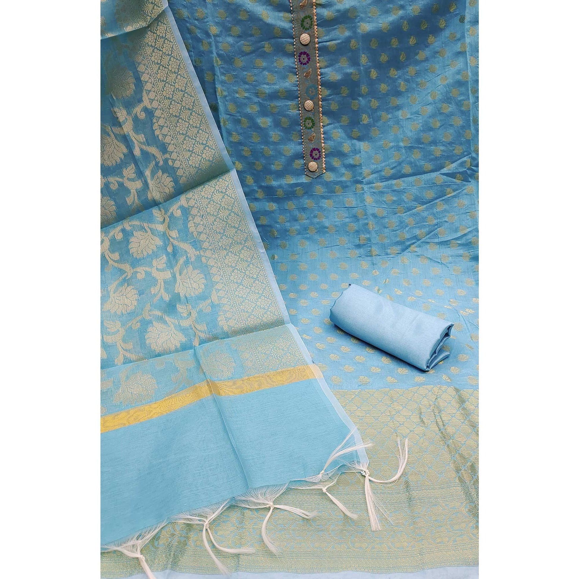 Blue Woven Banarasi Silk Dress Material