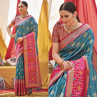 Blue Woven Banarasi Silk Saree With Tassels