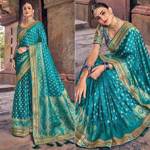 Blue Woven Banarasi Silk Saree With Tassels