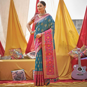 Blue Woven Banarasi Silk Saree With Tassels