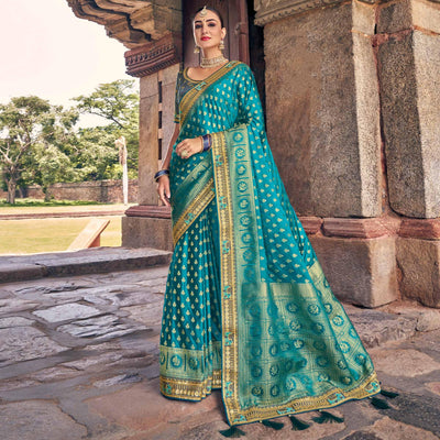 Blue Woven Banarasi Silk Saree With Tassels