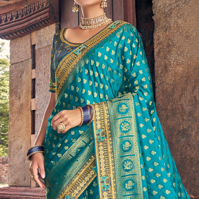 Blue Woven Banarasi Silk Saree With Tassels