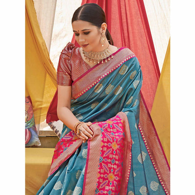 Blue Woven Banarasi Silk Saree With Tassels