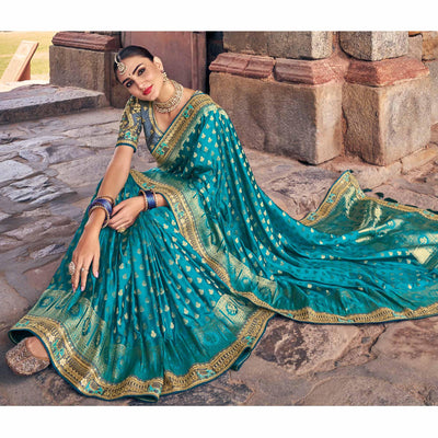 Blue Woven Banarasi Silk Saree With Tassels