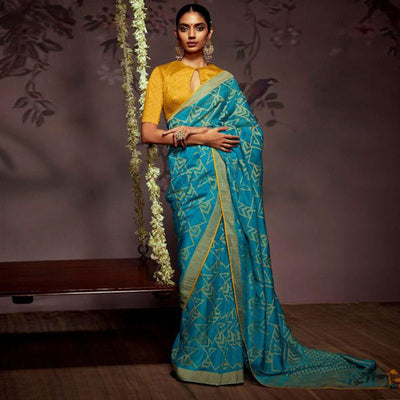 Blue Woven Brasso Saree With Tassels