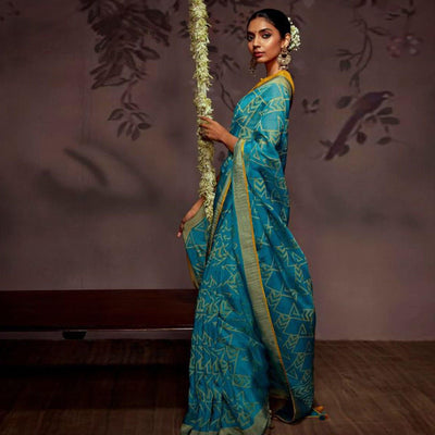 Blue Woven Brasso Saree With Tassels