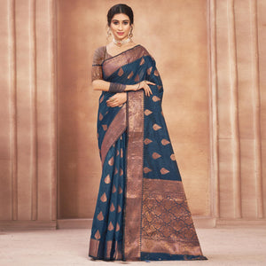 Blue Woven Cotton Silk Saree