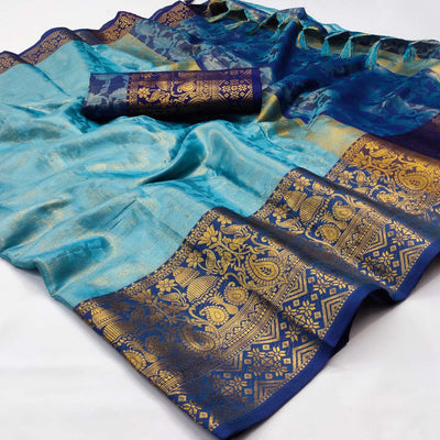 Blue Woven Cotton Silk Saree