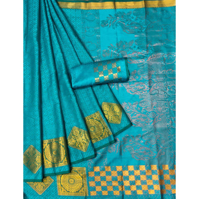 Blue Woven Cotton Silk Saree