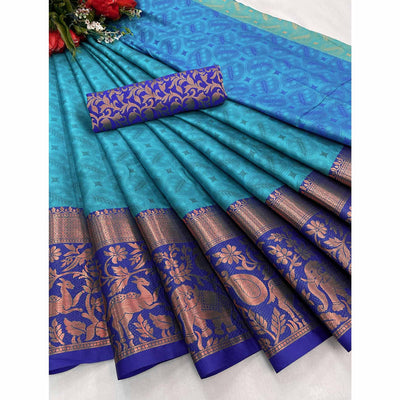 Blue Woven Cotton Silk Saree