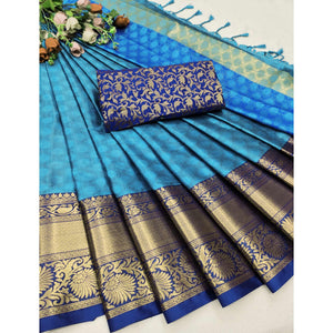Blue Woven Cotton Silk Saree