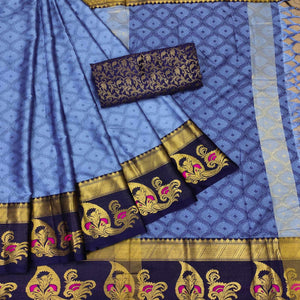 Blue Woven Cotton Silk Saree With Tassels
