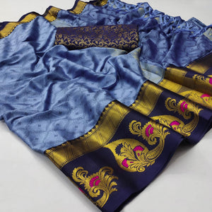 Blue Woven Cotton Silk Saree With Tassels