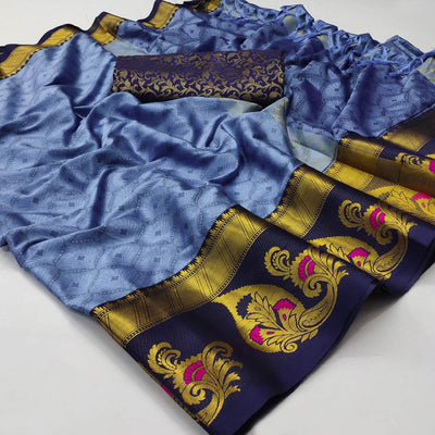 Blue Woven Cotton Silk Saree With Tassels