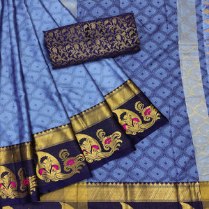 Blue Woven Cotton Silk Saree With Tassels