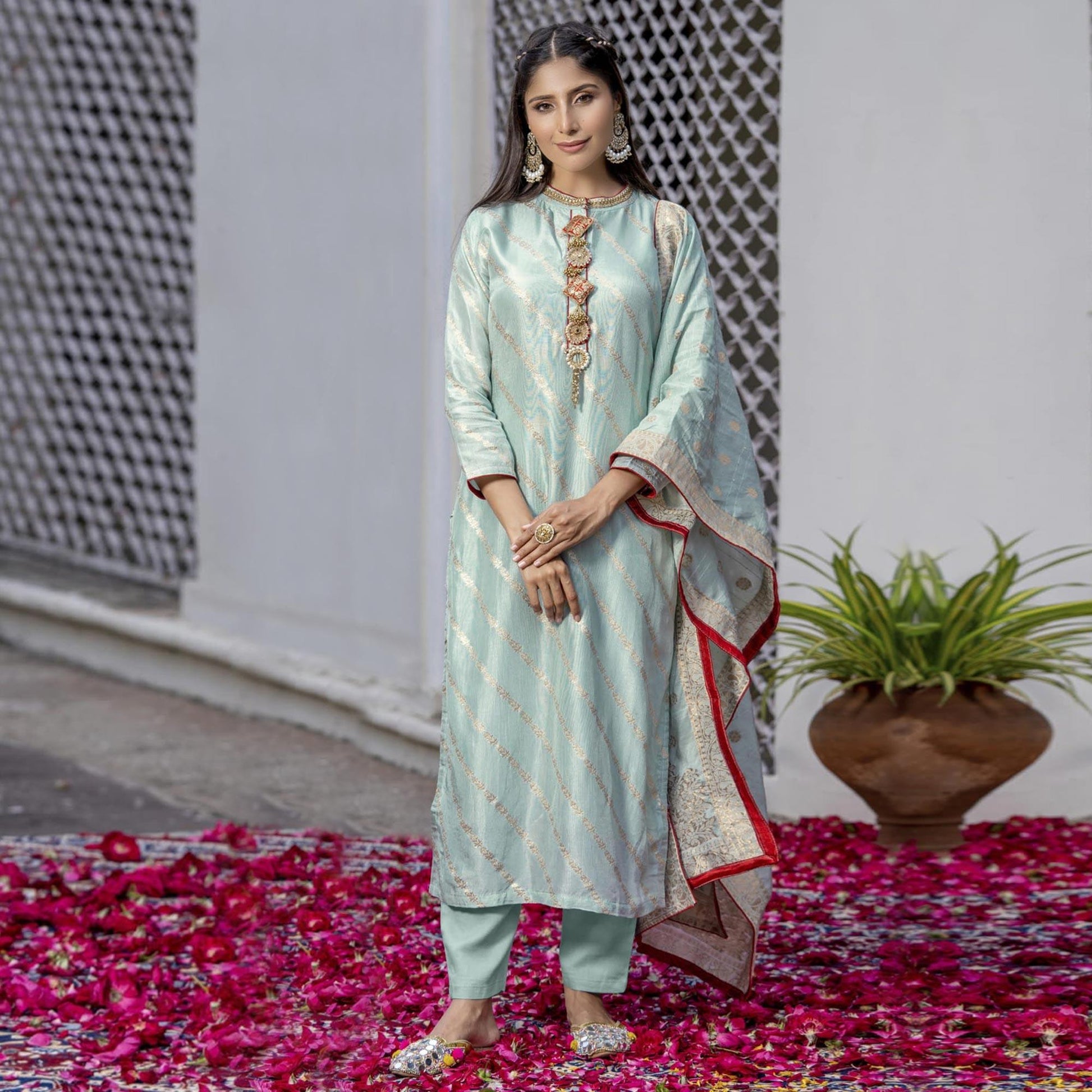 Blue Woven Dola Silk Kurti Pant Set With Dupatta