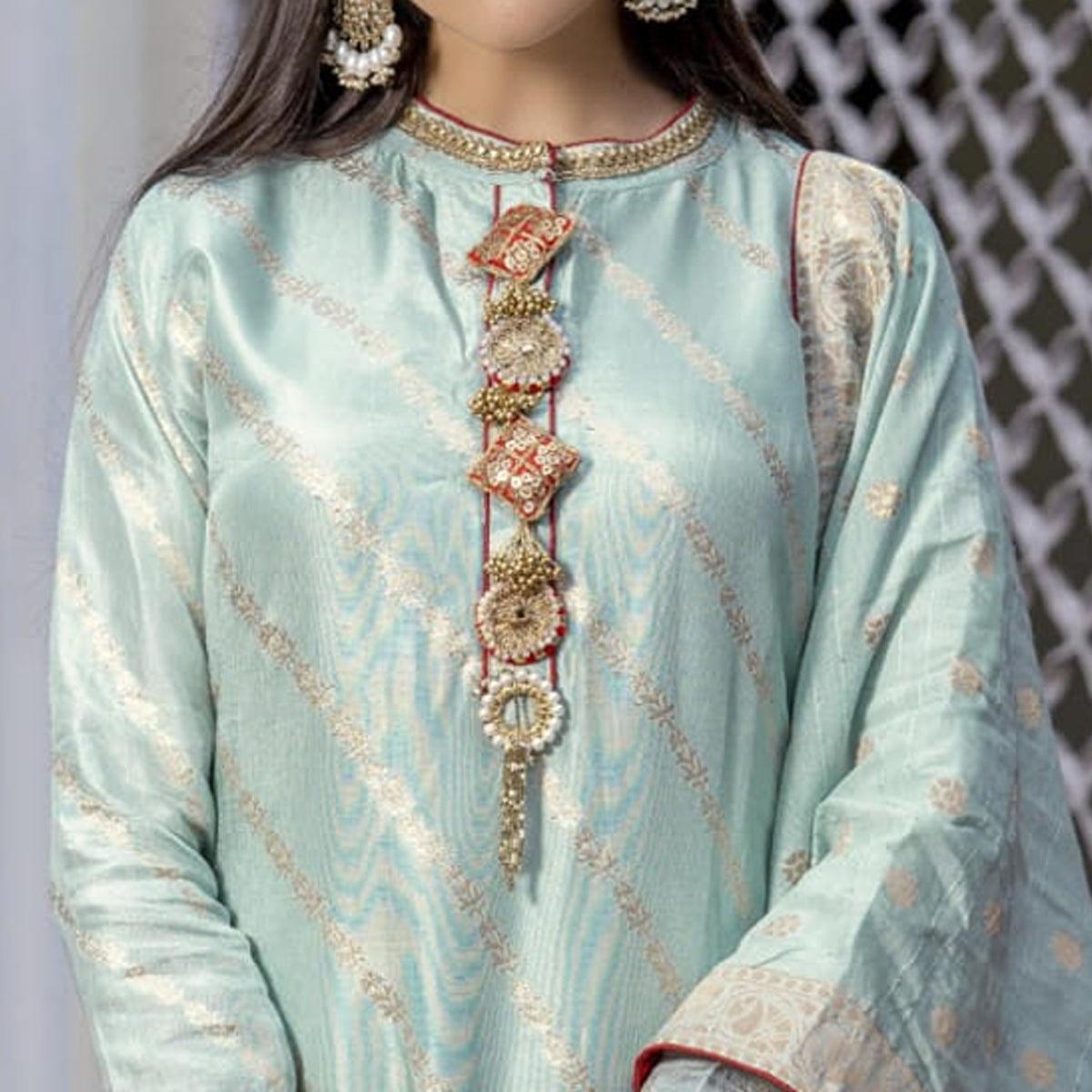 Blue Woven Dola Silk Kurti Pant Set With Dupatta