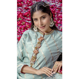 Blue Woven Dola Silk Kurti Pant Set With Dupatta