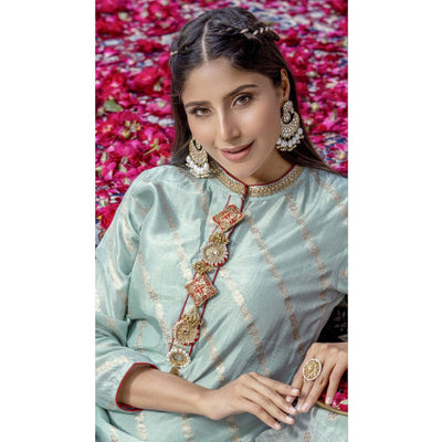 Blue Woven Dola Silk Kurti Pant Set With Dupatta