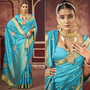 Blue Woven-Embroidered Raw Silk Saree With Tassels
