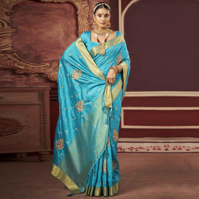 Blue Woven-Embroidered Raw Silk Saree With Tassels
