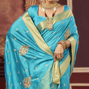 Blue Woven-Embroidered Raw Silk Saree With Tassels