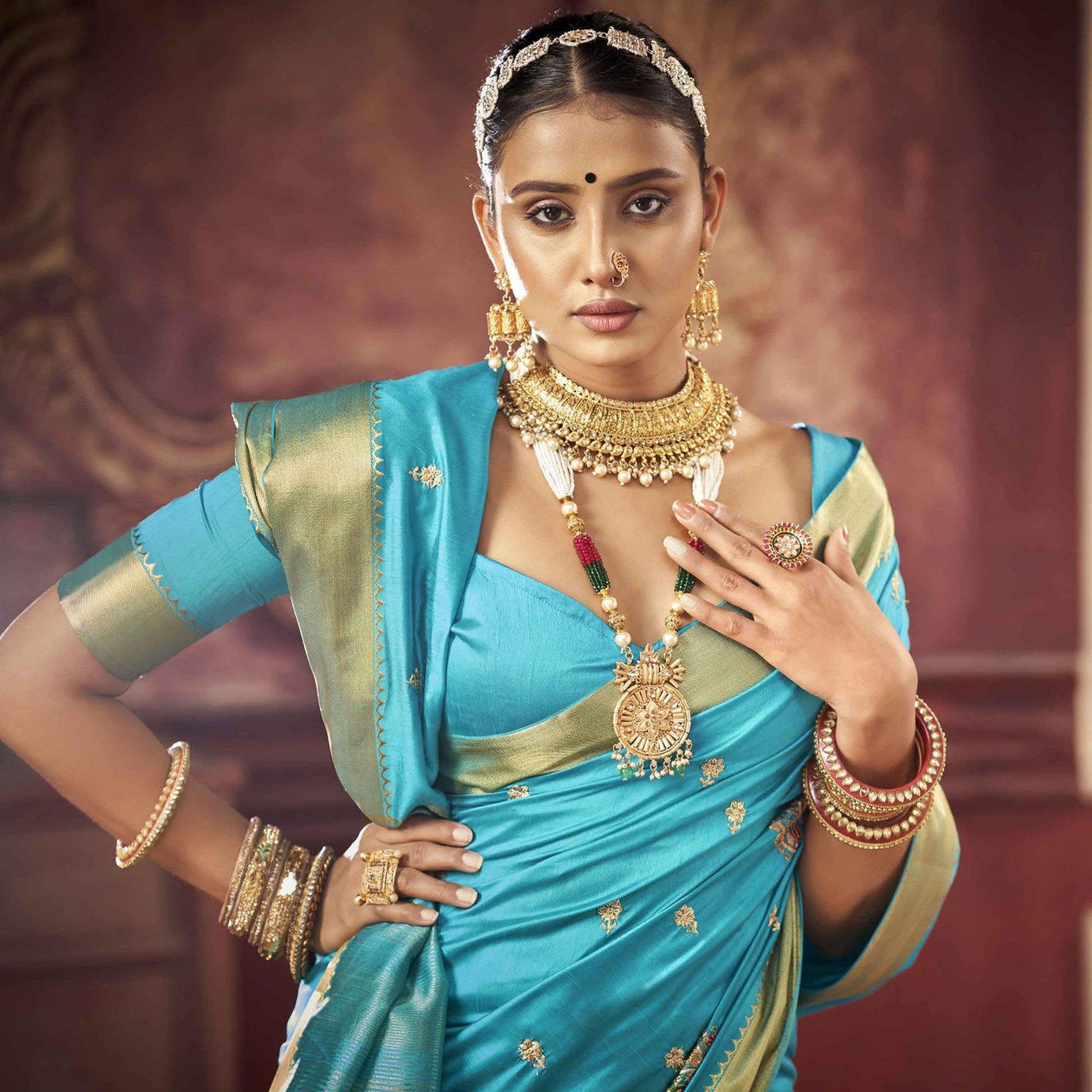 Blue Woven-Embroidered Raw Silk Saree With Tassels