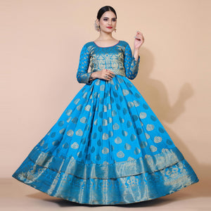 Blue Woven Jacquard Anarkali Style Gown