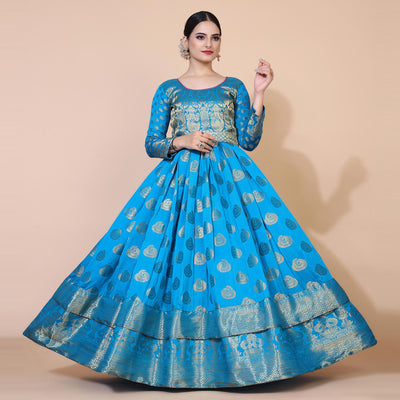 Blue Woven Jacquard Anarkali Style Gown