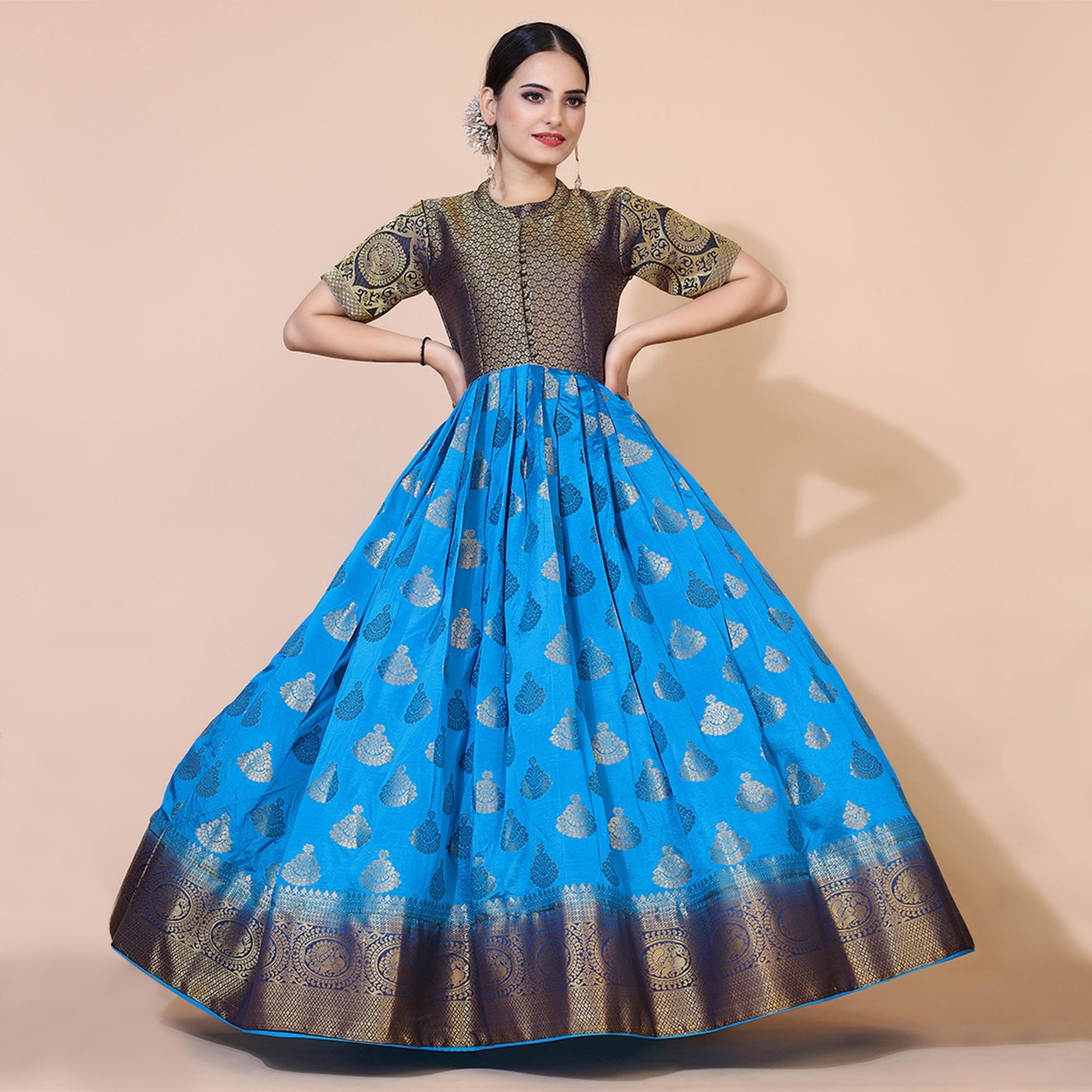 Blue Woven Jacquard Anarkali Style Gown