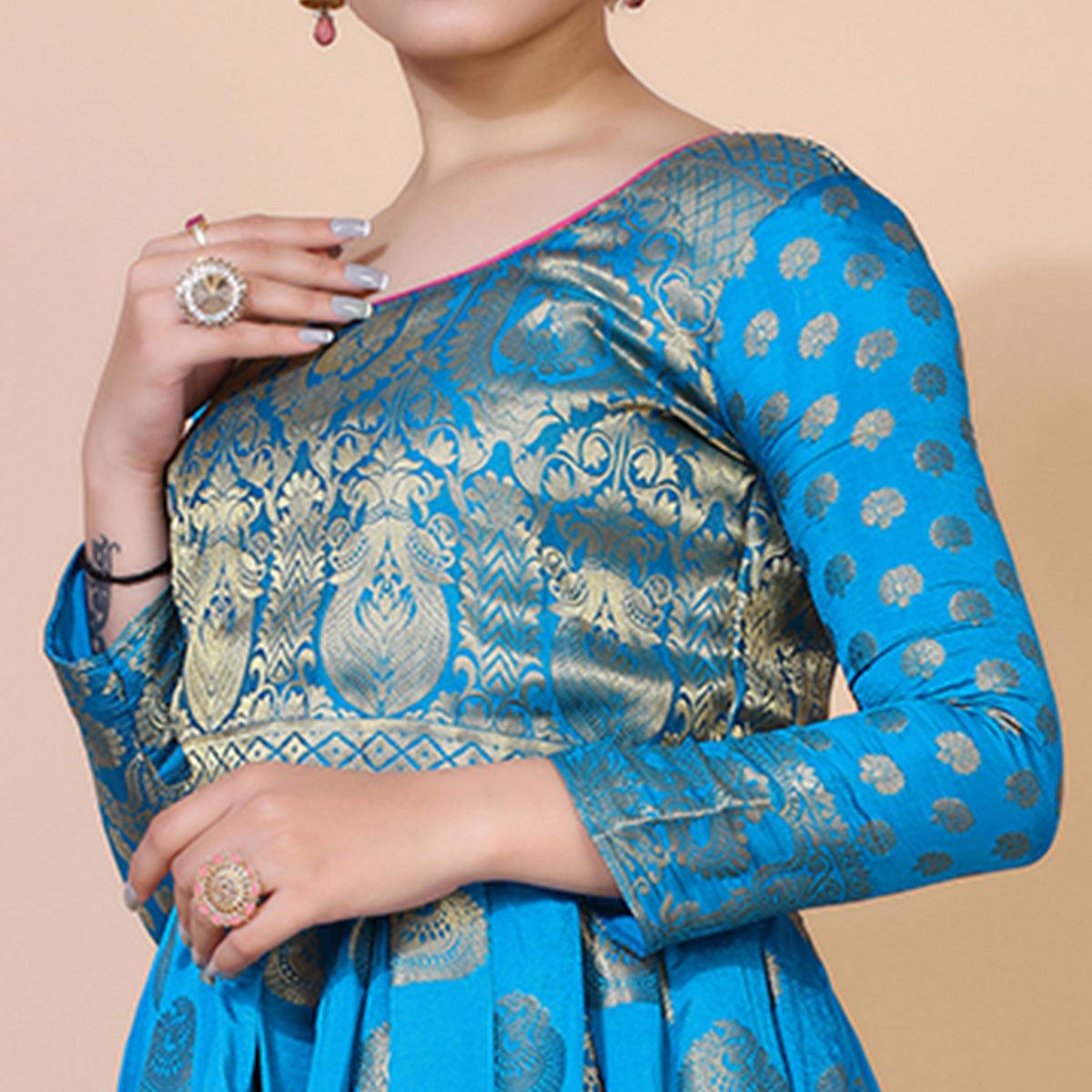 Blue Woven Jacquard Anarkali Style Gown