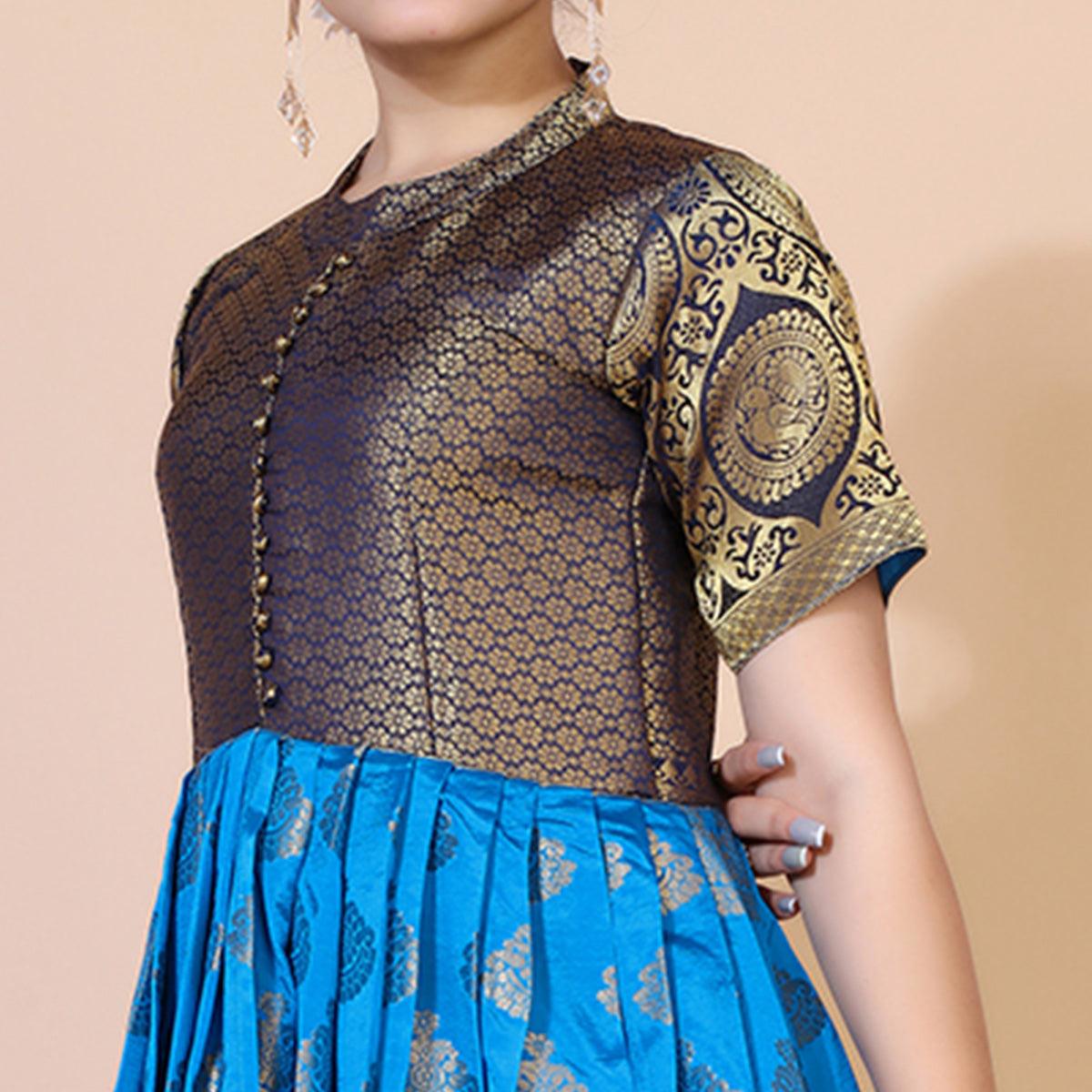 Blue Woven Jacquard Anarkali Style Gown