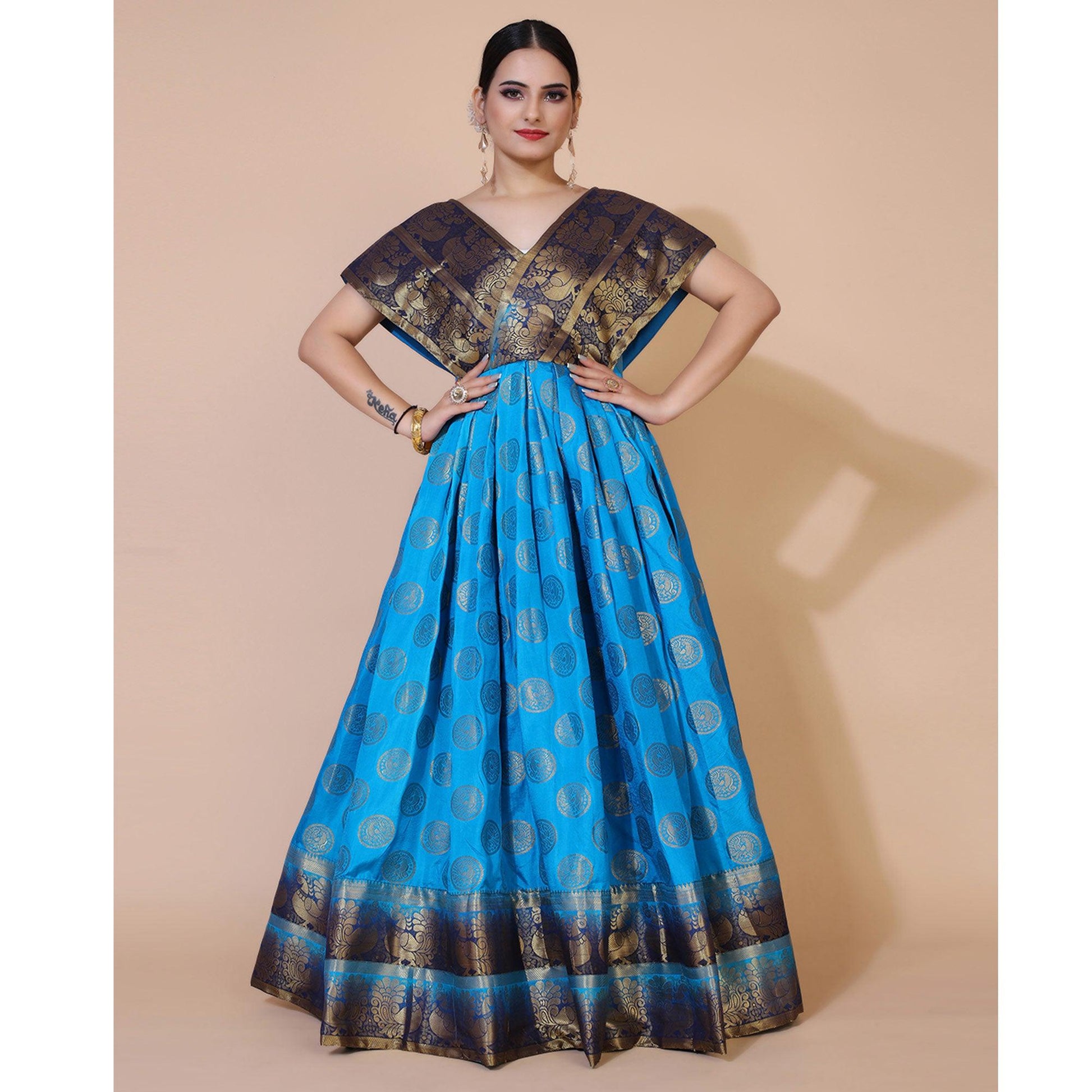 Blue Woven Jacquard Anarkali Style Gown