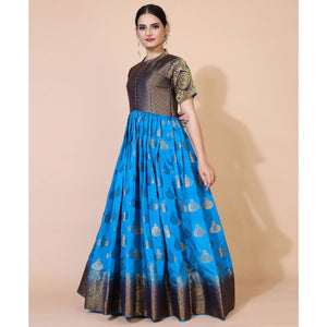 Blue Woven Jacquard Anarkali Style Gown