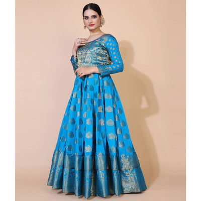 Blue Woven Jacquard Anarkali Style Gown