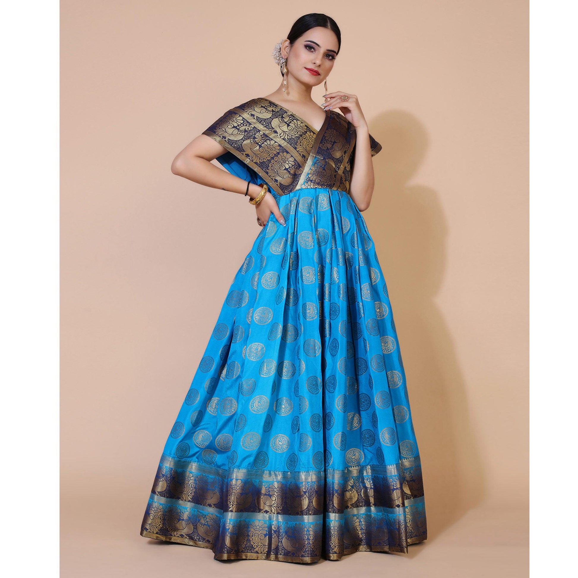 Blue Woven Jacquard Anarkali Style Gown
