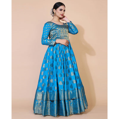 Blue Woven Jacquard Anarkali Style Gown