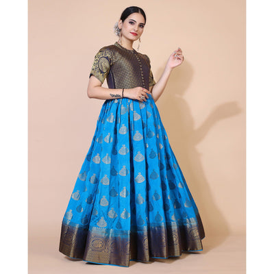 Blue Woven Jacquard Anarkali Style Gown