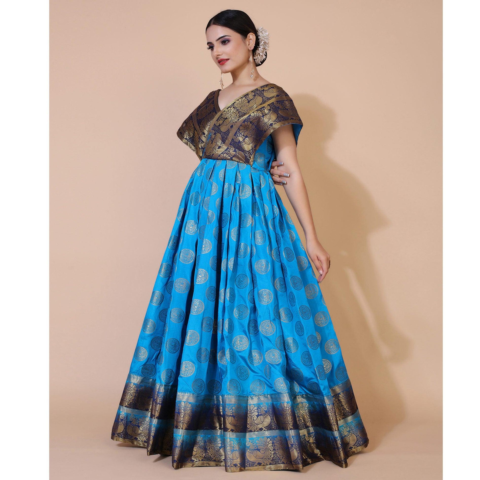 Blue Woven Jacquard Anarkali Style Gown