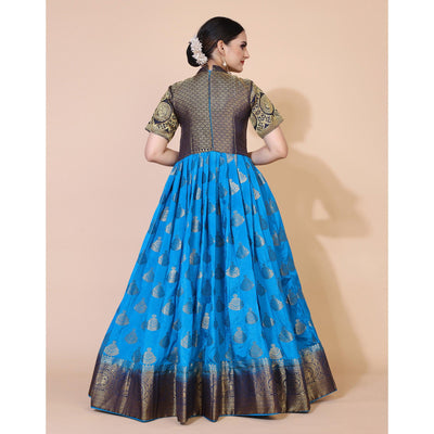 Blue Woven Jacquard Anarkali Style Gown