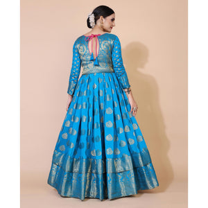 Blue Woven Jacquard Anarkali Style Gown