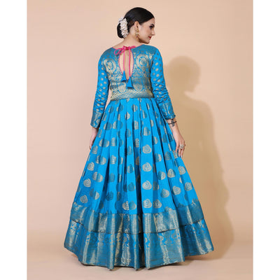 Blue Woven Jacquard Anarkali Style Gown