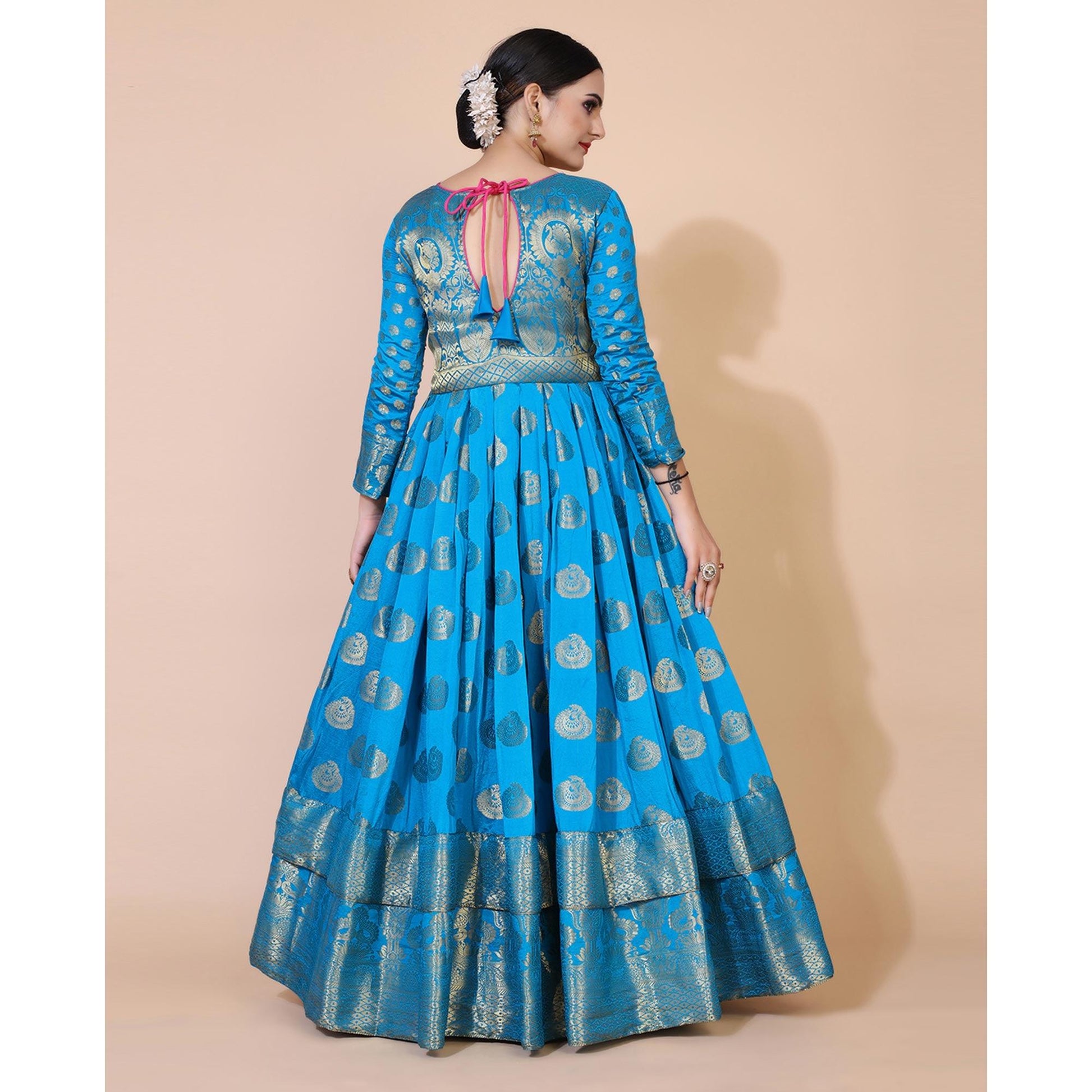 Blue Woven Jacquard Anarkali Style Gown