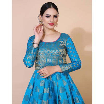 Blue Woven Jacquard Anarkali Style Gown