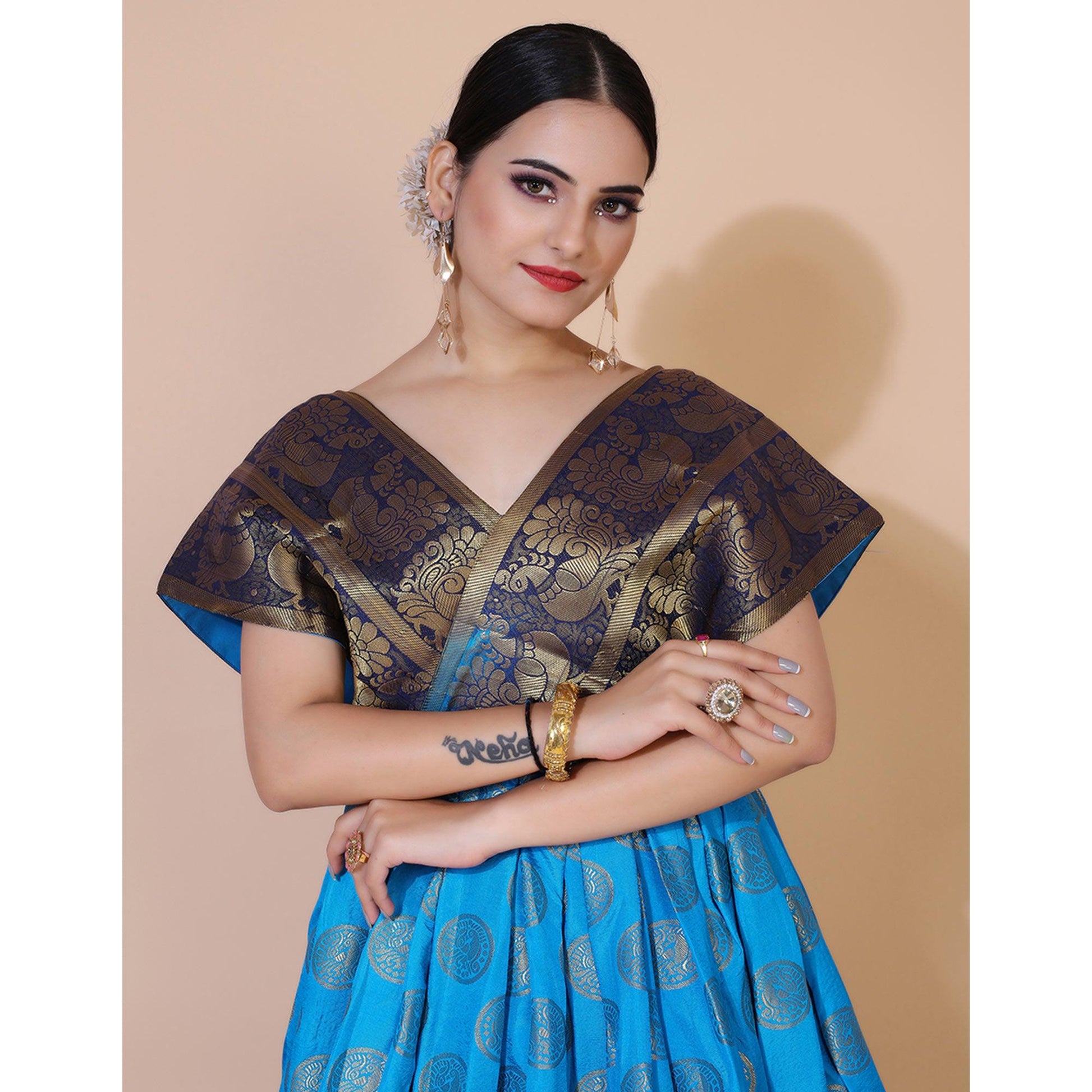 Blue Woven Jacquard Anarkali Style Gown