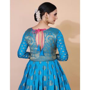 Blue Woven Jacquard Anarkali Style Gown